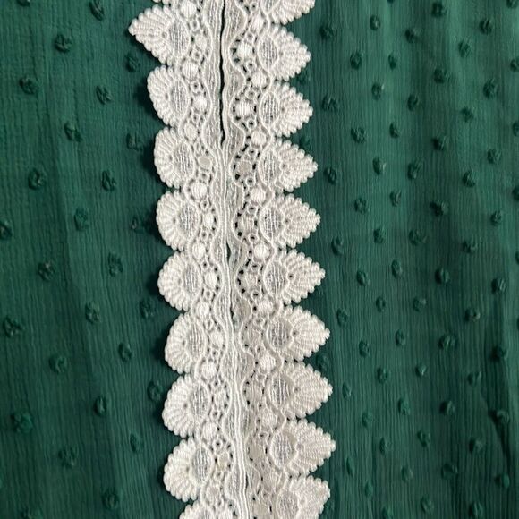 Moroccan Swiss Dot Long Sleeve Lace Trim Chiffon Kaftan Short Dress Green Small - Picture 3 of 5